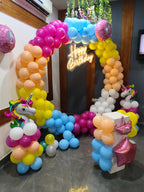 Unicorn Rainbow Balloon Arch with Neon Happy Birthday Sign