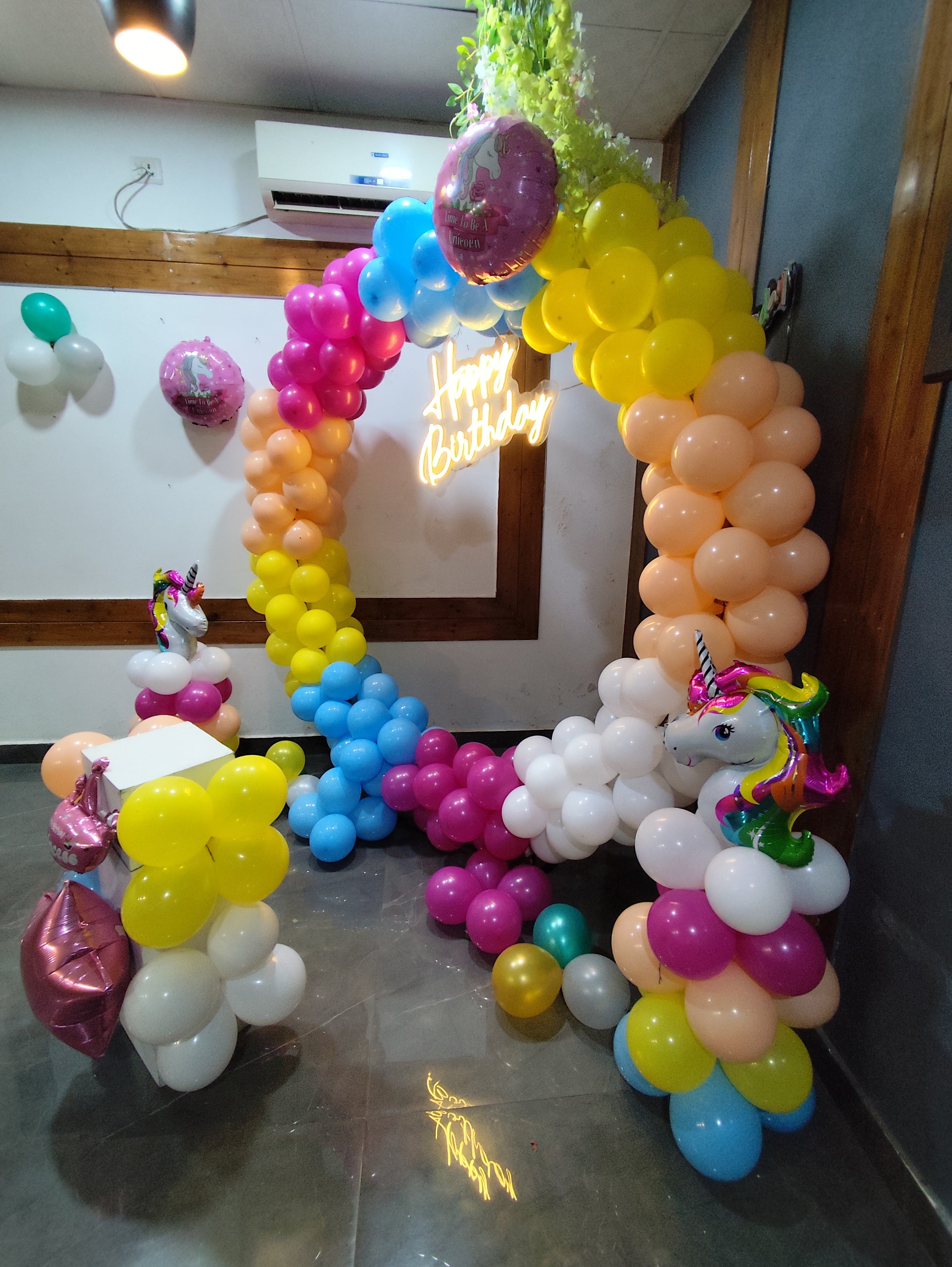 Unicorn Rainbow Balloon Arch with Neon Happy Birthday Sign